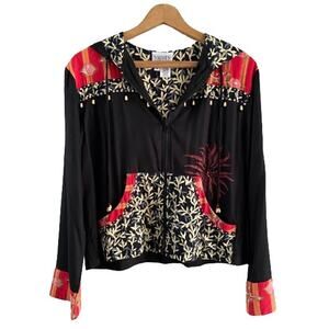 Vanity‎ Collection Jacket Women’s Artsy Beaded Hood Zipper Lightweight Sz M